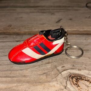 Vintage 70s 80s Red and White Mini Soccer Boot Cleat Sneaker Keychain. 4 inches